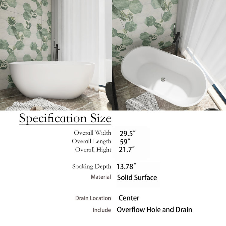 59-Inch Matte White Solid Surface Freestanding Soaking Bathtub