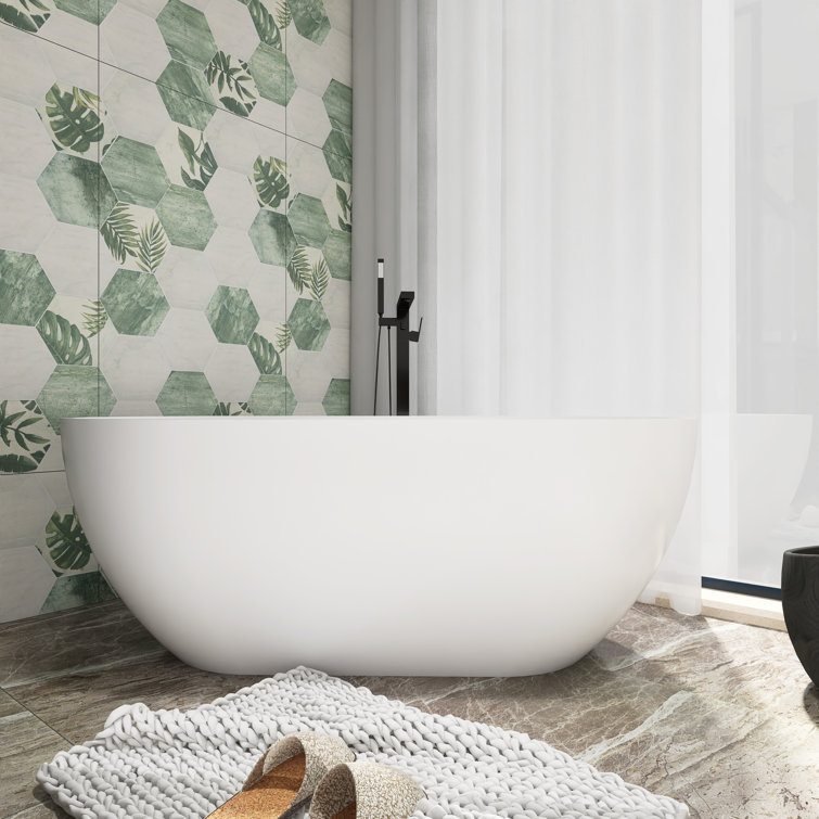 59-Inch Matte White Solid Surface Freestanding Soaking Bathtub