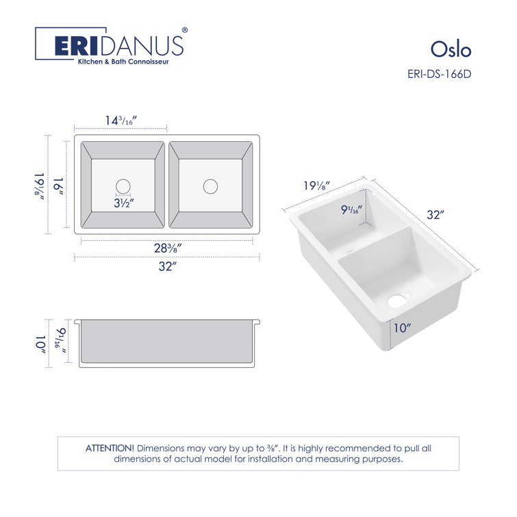 Oslo 32" White Fireclay Double Bowl Drop-In Kitchen Sink