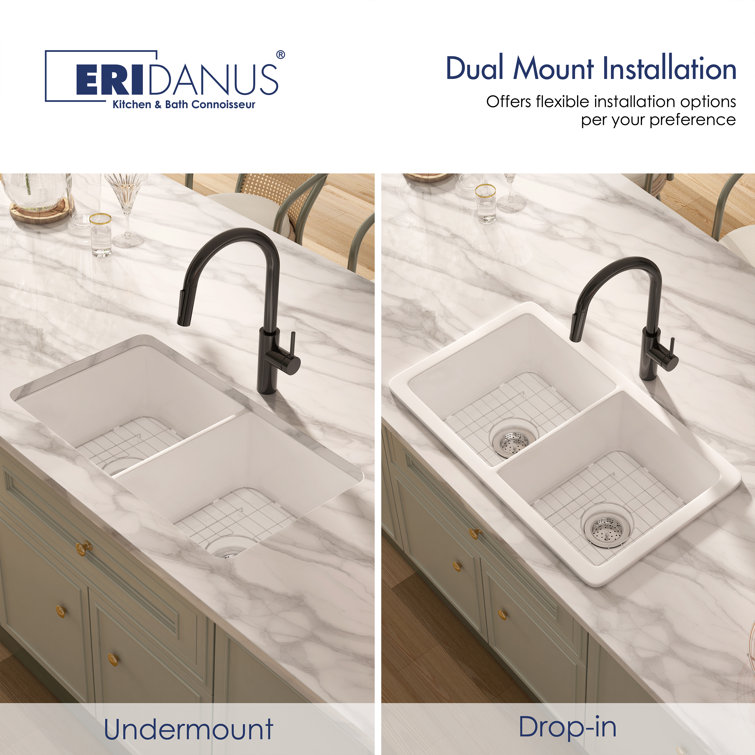 Oslo 32" White Fireclay Double Bowl Drop-In Kitchen Sink