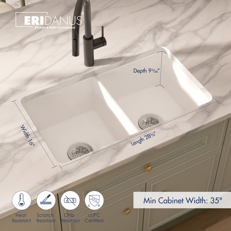Oslo 32" White Fireclay Double Bowl Drop-In Kitchen Sink