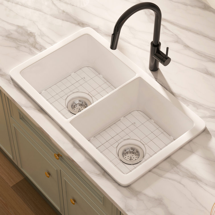Oslo 32" White Fireclay Double Bowl Drop-In Kitchen Sink