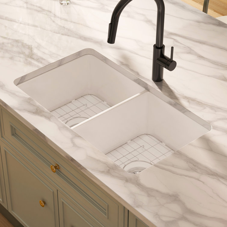 Oslo 32" White Fireclay Double Bowl Drop-In Kitchen Sink