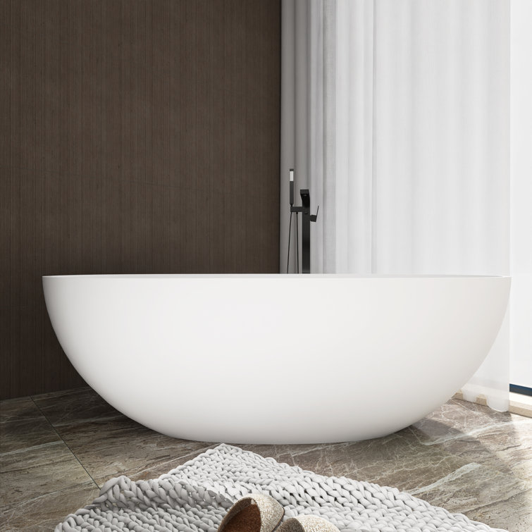 65-Inch Matte White Solid Surface Freestanding Soaking Bathtub