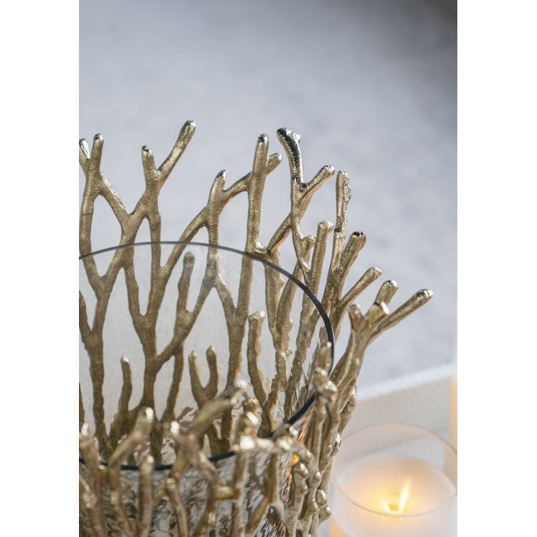 Gold Branch Design Glass Hurricane Candle Holder