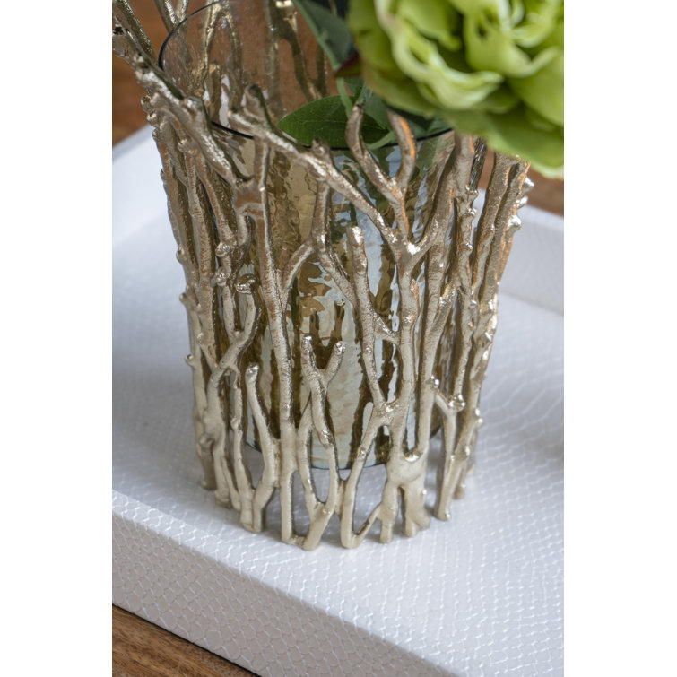 Gold Branch Design Glass Hurricane Candle Holder