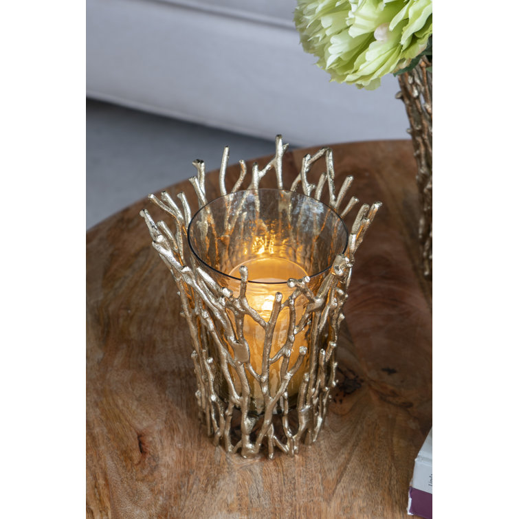 Gold Branch Design Glass Hurricane Candle Holder