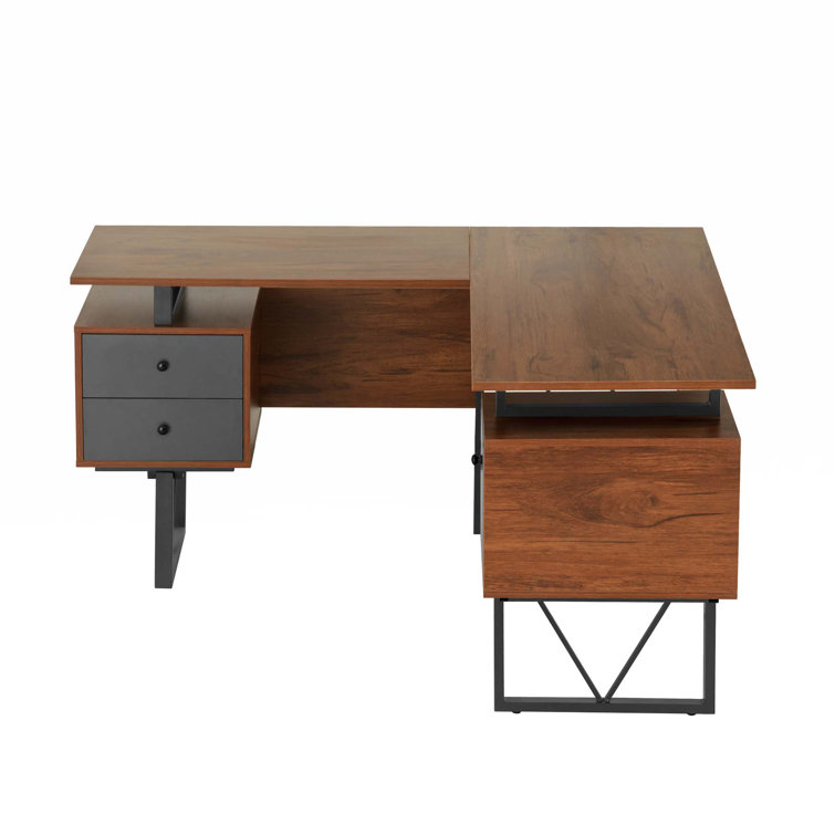 Gray L-Shaped Computer Desk with Drawers and File Cabinet