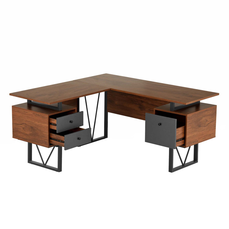 Gray L-Shaped Computer Desk with Drawers and File Cabinet