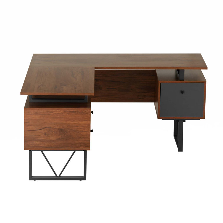 Gray L-Shaped Computer Desk with Drawers and File Cabinet