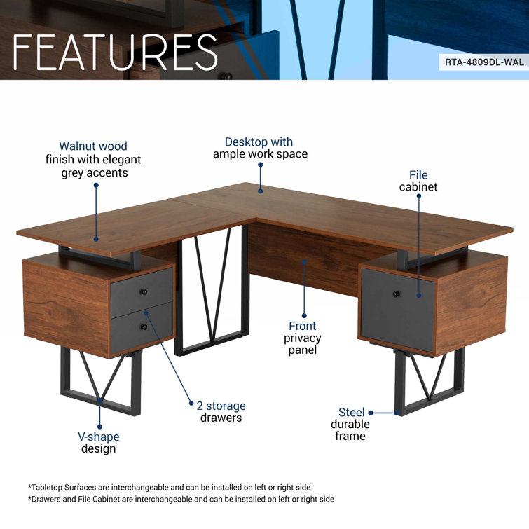 Gray L-Shaped Computer Desk with Drawers and File Cabinet