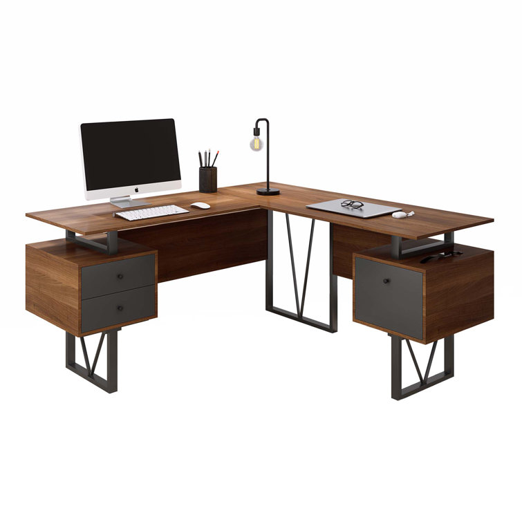 Gray L-Shaped Computer Desk with Drawers and File Cabinet