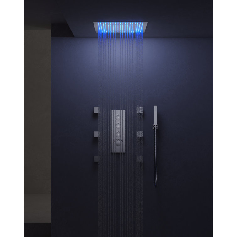 Brushed Nickel LED Rain Shower System with Handheld Spray and Massage Jets