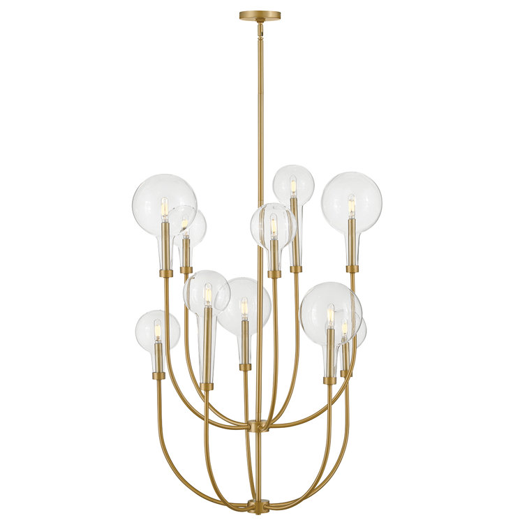Lacquered Brass 10-Light Multi-Tier Chandelier with Clear Glass Shades
