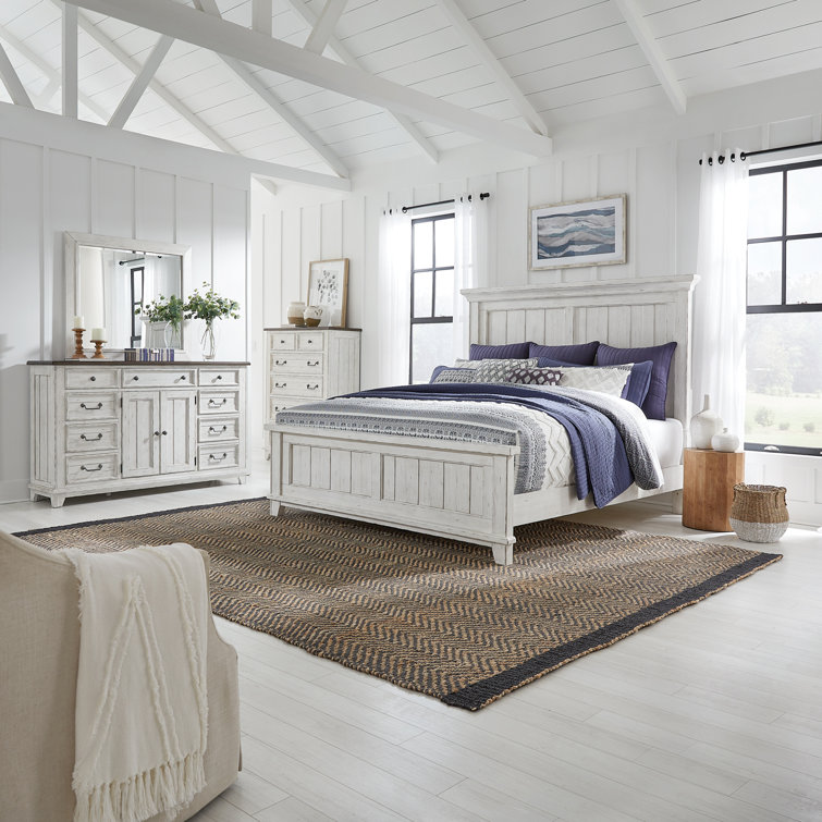 King White Wood Panel Bed with Dresser and Mirror