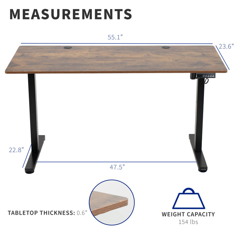 Vivo 55" Adjustable Height Standing Desk, Vintage Brown Wood Composite Top, Black Frame