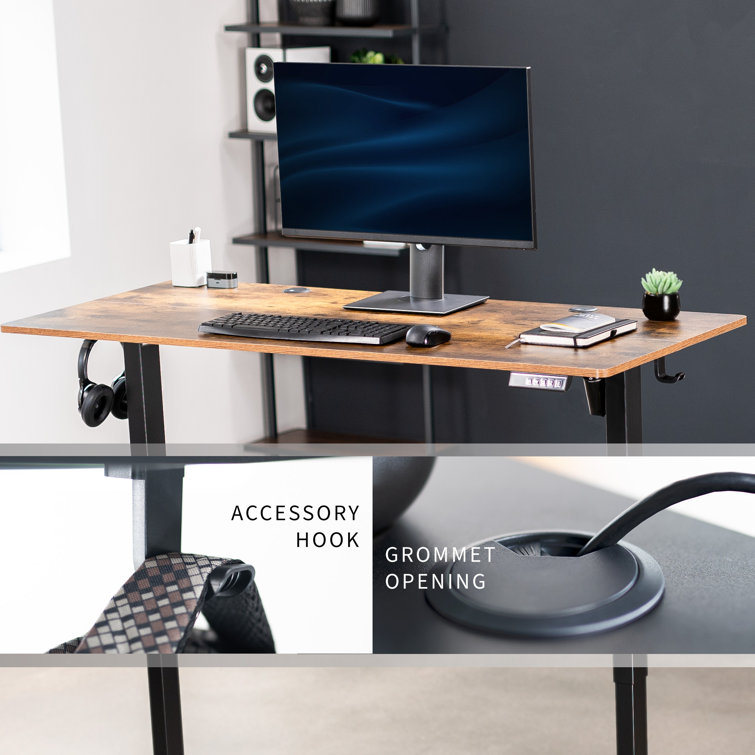 Vivo 55" Adjustable Height Standing Desk, Vintage Brown Wood Composite Top, Black Frame
