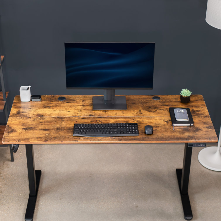 Vivo 55" Adjustable Height Standing Desk, Vintage Brown Wood Composite Top, Black Frame
