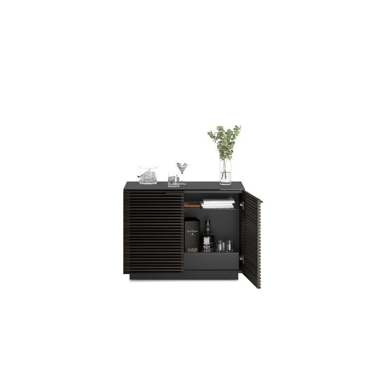 Chocolate Stained Walnut Adjustable Shelving Cabinet with Satin-Etched Glass