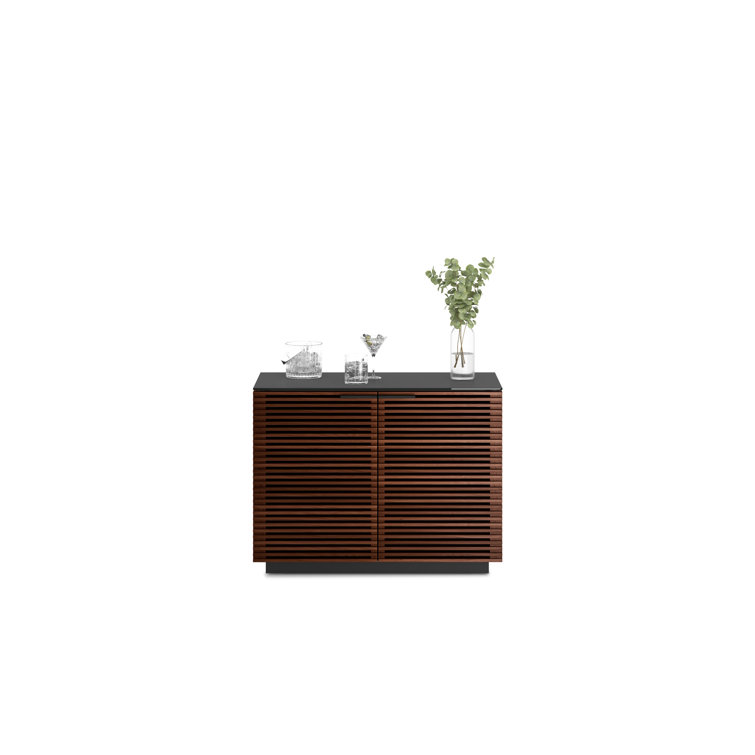 Chocolate Stained Walnut Adjustable Shelving Cabinet with Satin-Etched Glass