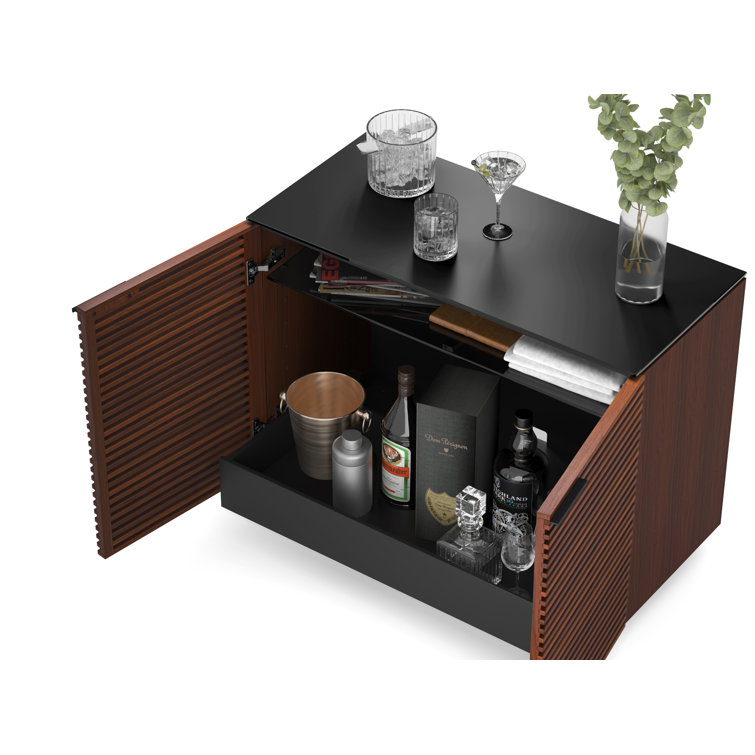 Chocolate Stained Walnut Adjustable Shelving Cabinet with Satin-Etched Glass