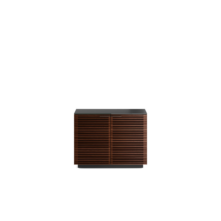 Chocolate Stained Walnut Adjustable Shelving Cabinet with Satin-Etched Glass