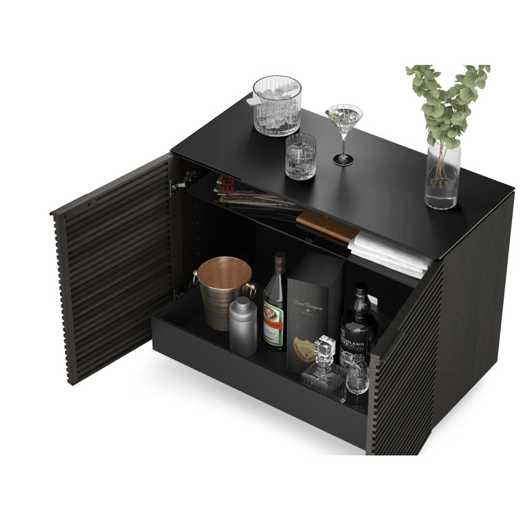 Chocolate Stained Walnut Adjustable Shelving Cabinet with Satin-Etched Glass