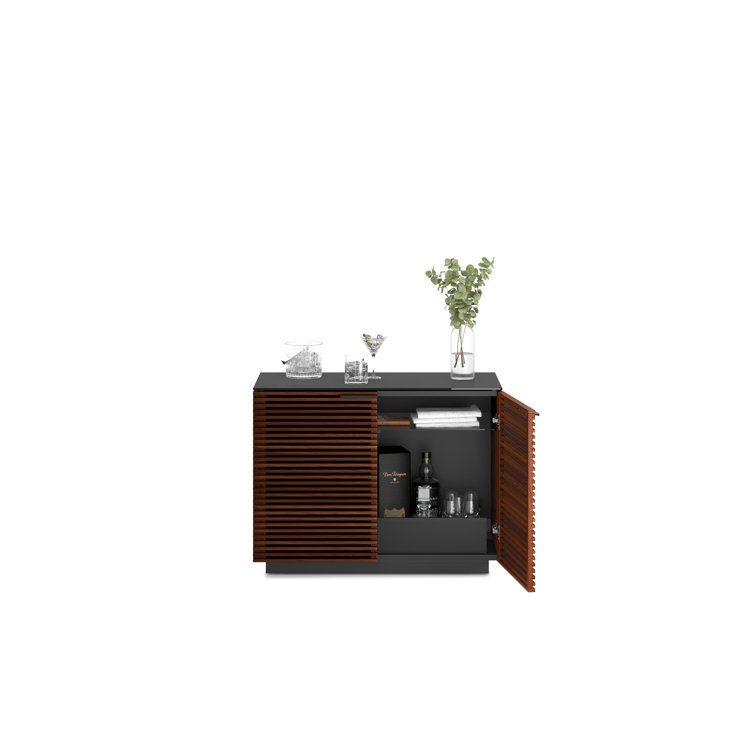 Chocolate Stained Walnut Adjustable Shelving Cabinet with Satin-Etched Glass