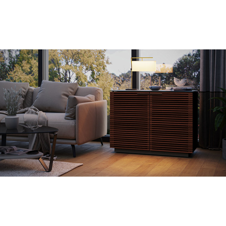 Chocolate Stained Walnut Adjustable Shelving Cabinet with Satin-Etched Glass