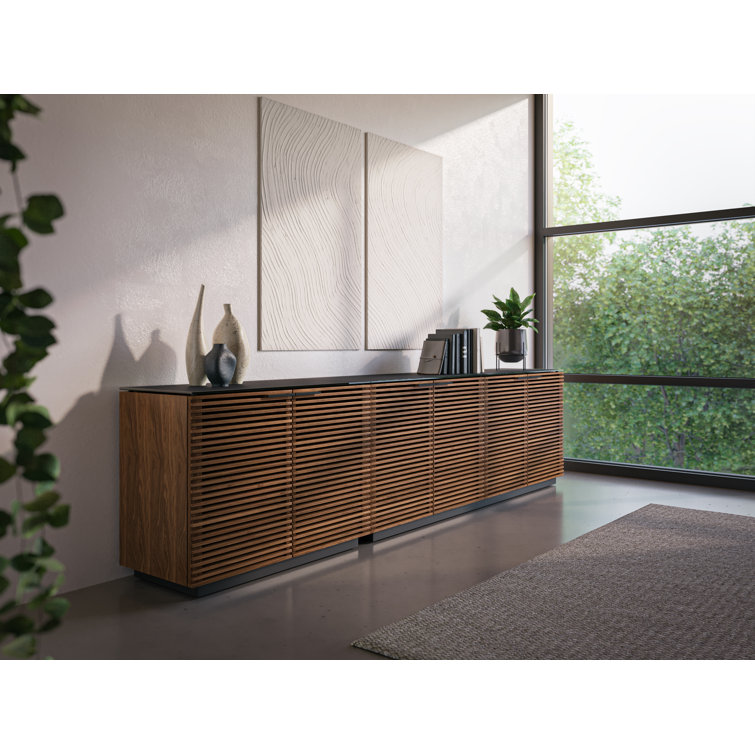 Natural Walnut and Black 79'' Sideboard with Satin Glass Shelves