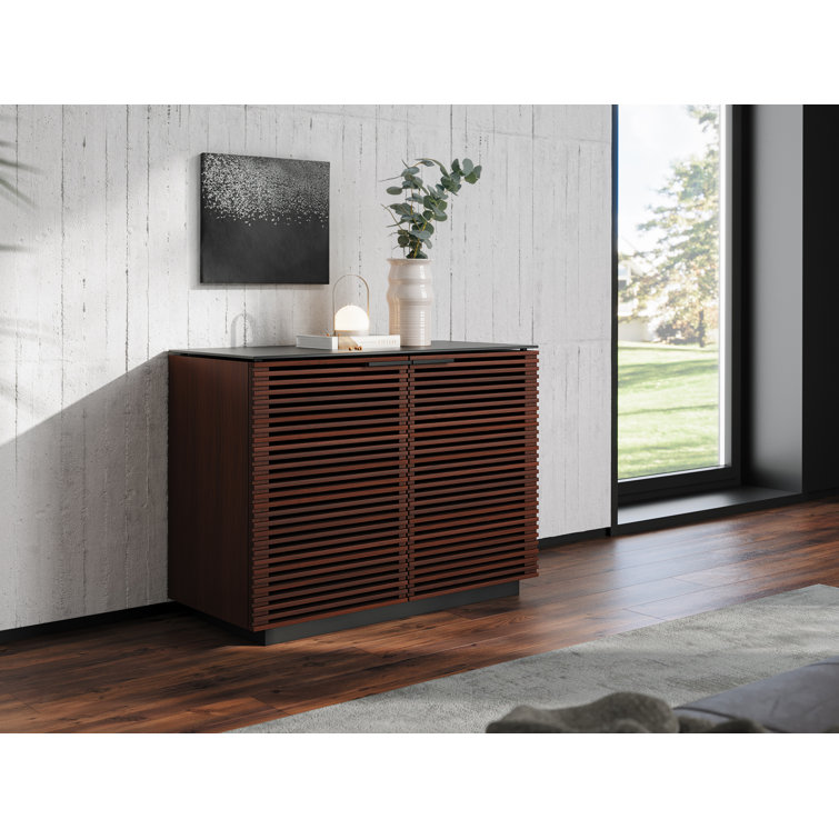 Chocolate Stained Walnut Adjustable Shelving Cabinet with Satin-Etched Glass