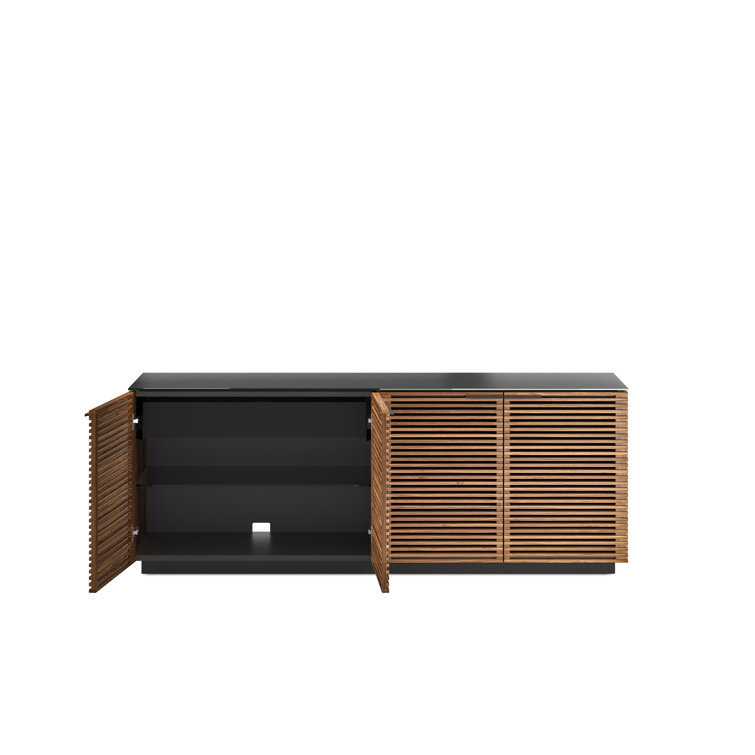 Natural Walnut and Black 79'' Sideboard with Satin Glass Shelves