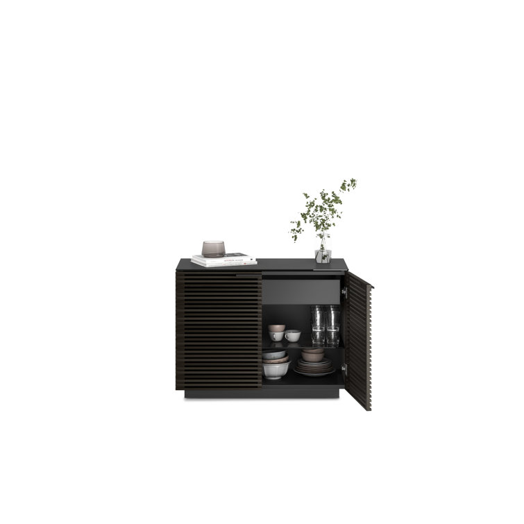 Chocolate Stained Walnut Adjustable Shelving Cabinet with Satin-Etched Glass