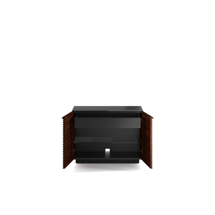 Chocolate Stained Walnut Adjustable Shelving Cabinet with Satin-Etched Glass