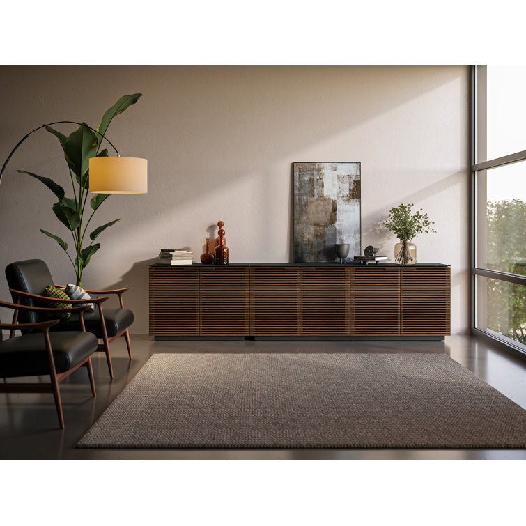 Natural Walnut and Black 79'' Sideboard with Satin Glass Shelves