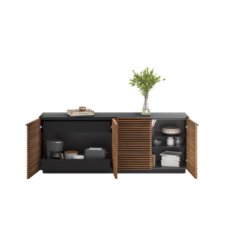 Natural Walnut and Black 79'' Sideboard with Satin Glass Shelves