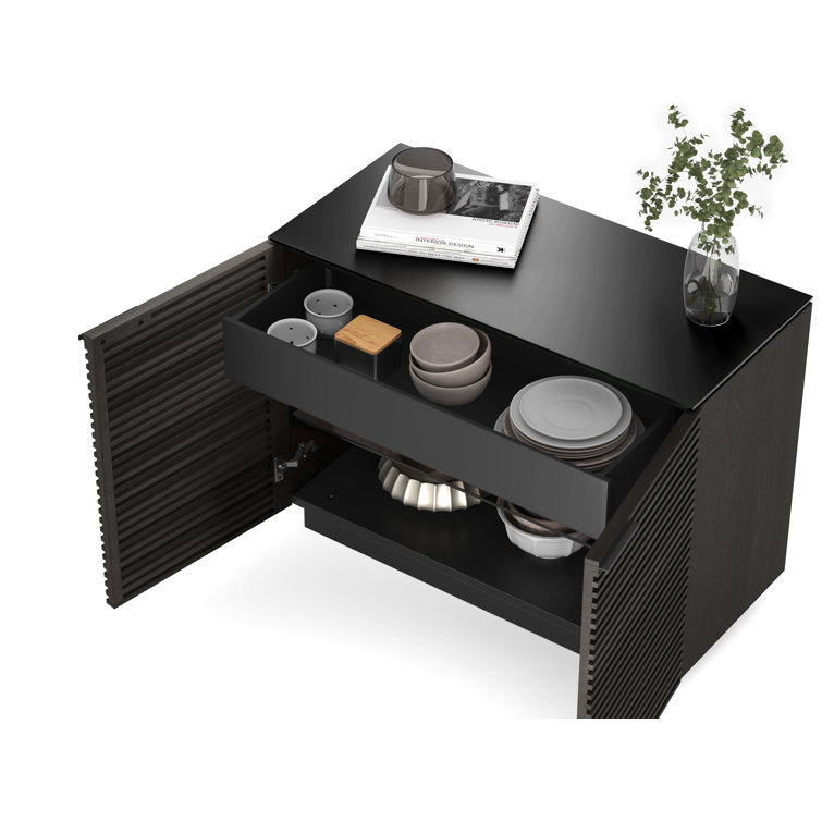 Chocolate Stained Walnut Adjustable Shelving Cabinet with Satin-Etched Glass
