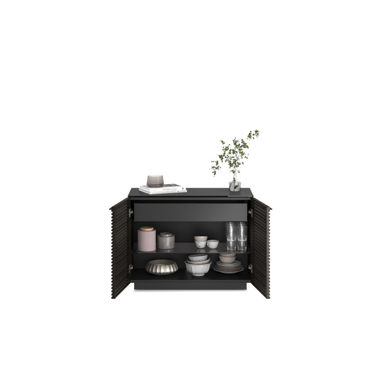 Chocolate Stained Walnut Adjustable Shelving Cabinet with Satin-Etched Glass