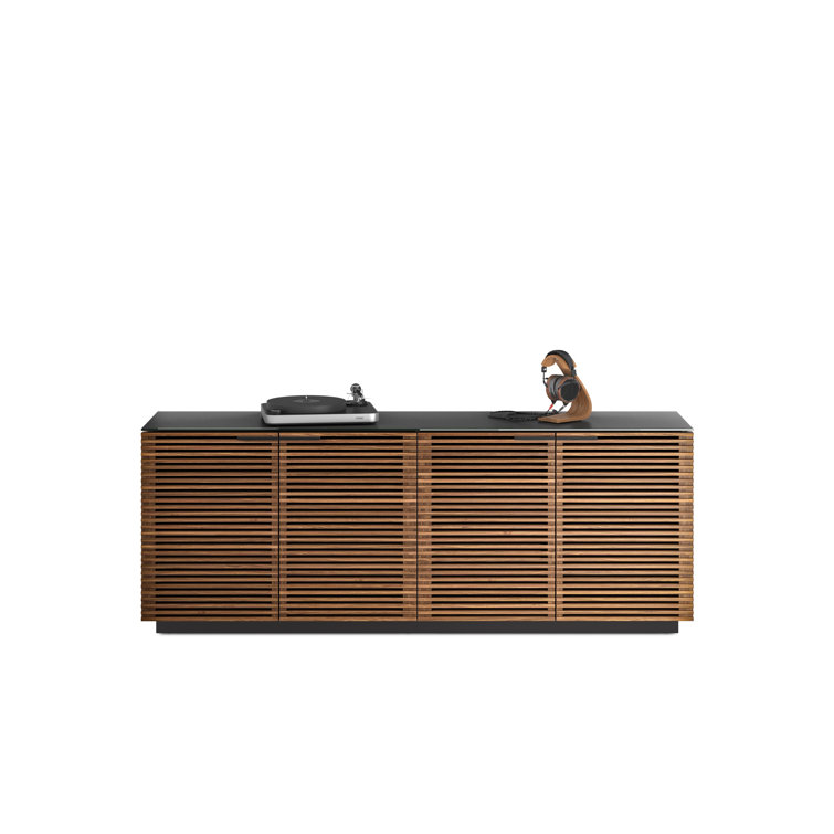 Natural Walnut and Black 79'' Sideboard with Satin Glass Shelves