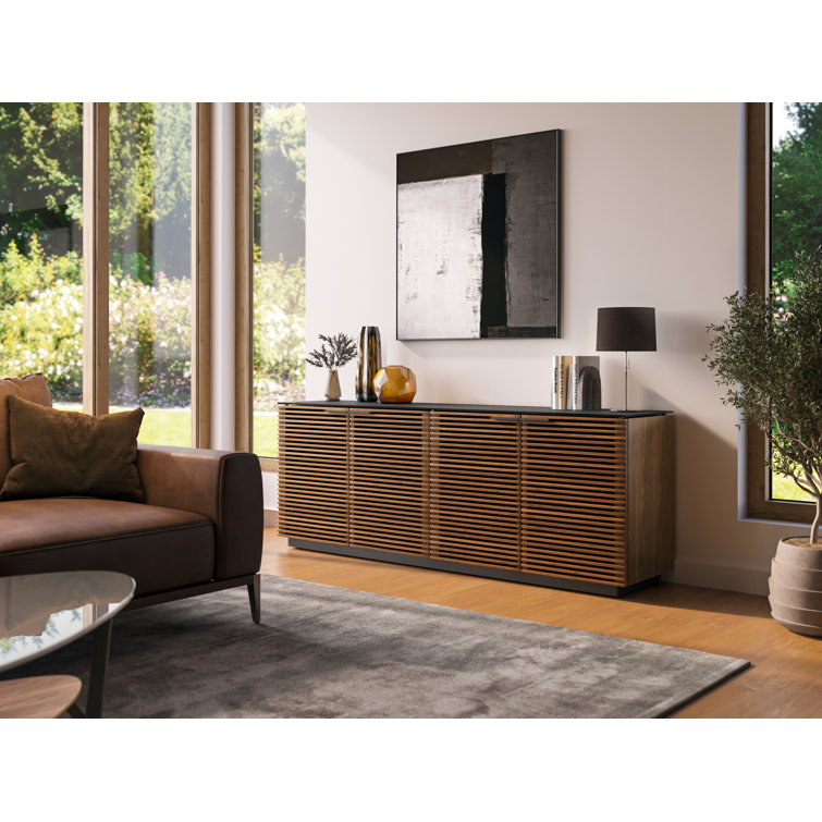 Natural Walnut and Black 79'' Sideboard with Satin Glass Shelves