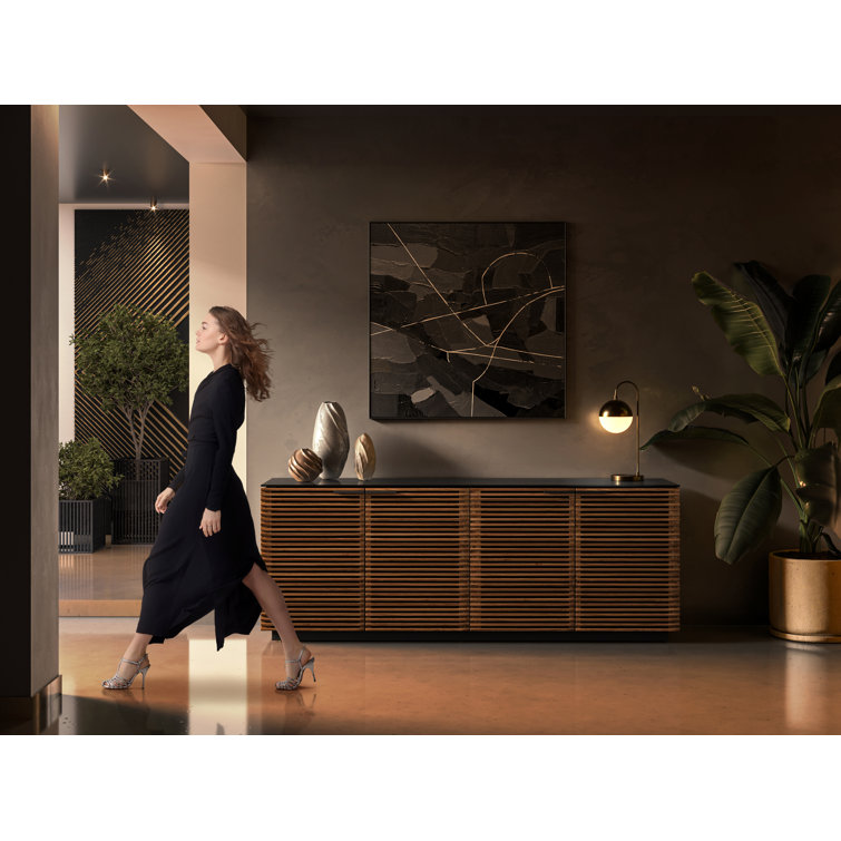 Natural Walnut and Black 79'' Sideboard with Satin Glass Shelves