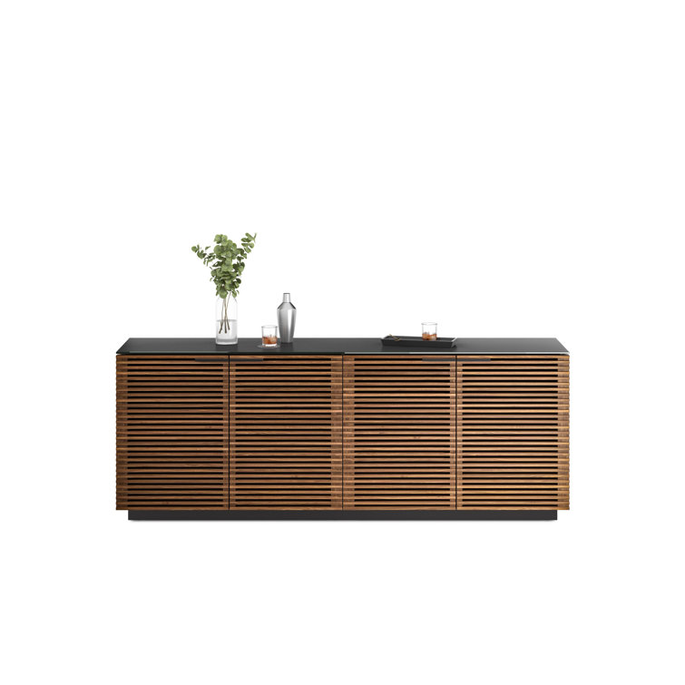 Natural Walnut and Black 79'' Sideboard with Satin Glass Shelves