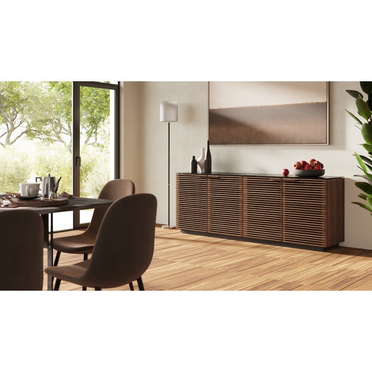 Natural Walnut and Black 79'' Sideboard with Satin Glass Shelves
