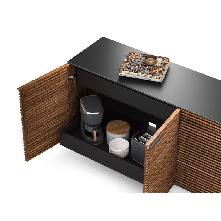 Natural Walnut and Black 79'' Sideboard with Satin Glass Shelves