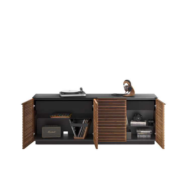 Natural Walnut and Black 79'' Sideboard with Satin Glass Shelves