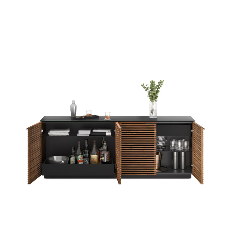 Natural Walnut and Black 79'' Sideboard with Satin Glass Shelves