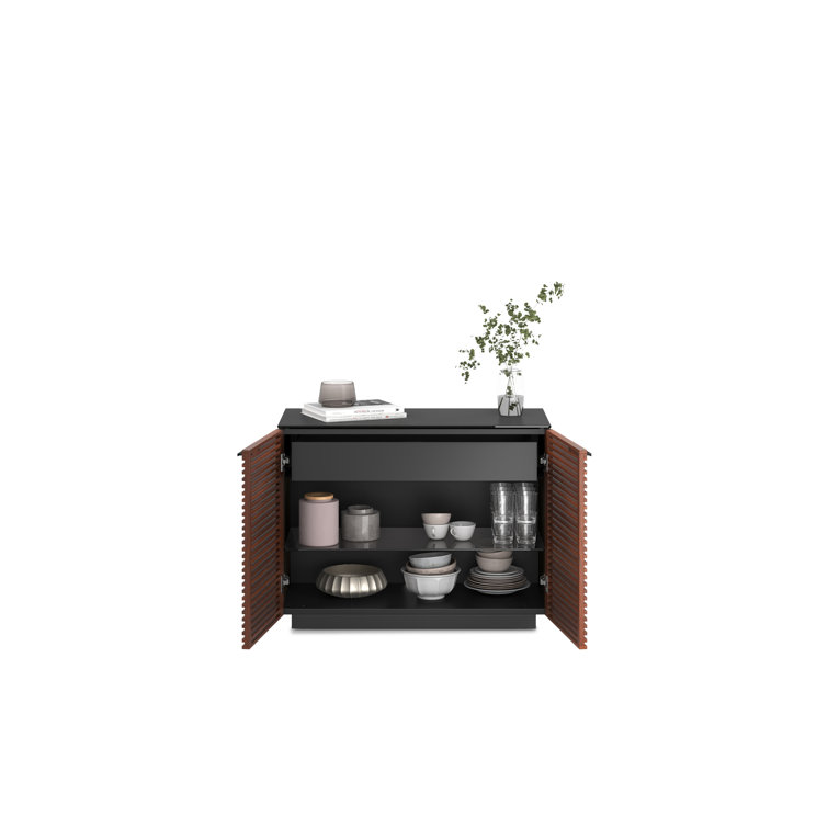 Chocolate Stained Walnut Adjustable Shelving Cabinet with Satin-Etched Glass