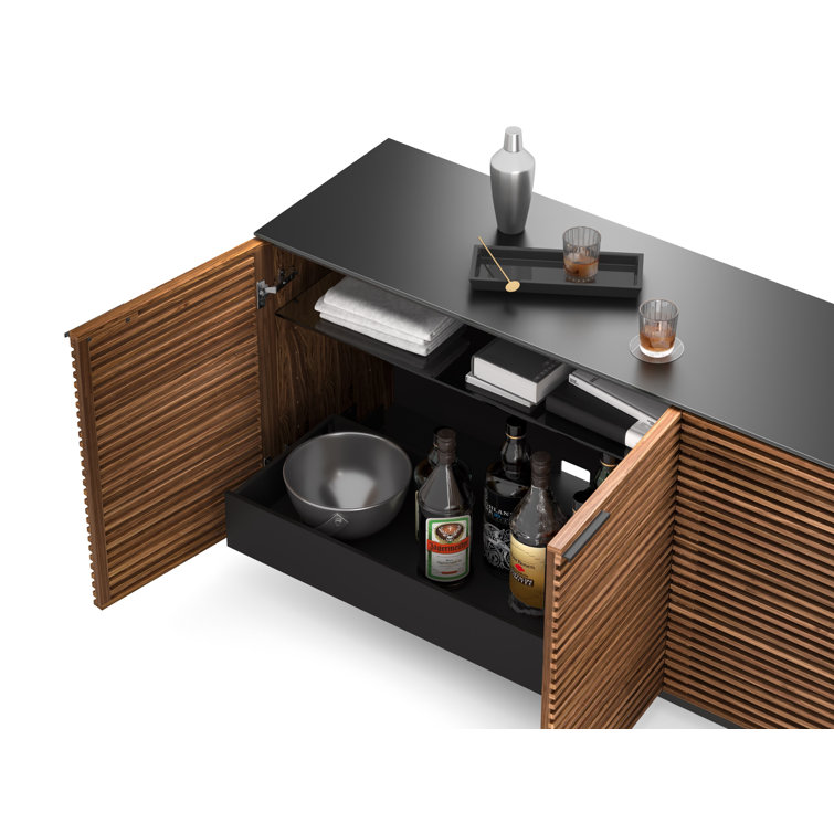 Natural Walnut and Black 79'' Sideboard with Satin Glass Shelves