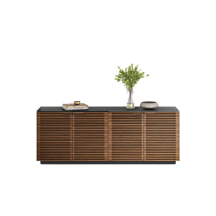 Natural Walnut and Black 79'' Sideboard with Satin Glass Shelves