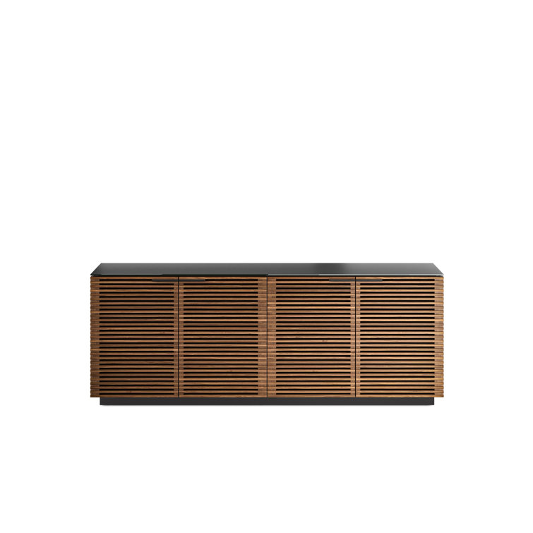 Natural Walnut and Black 79'' Sideboard with Satin Glass Shelves